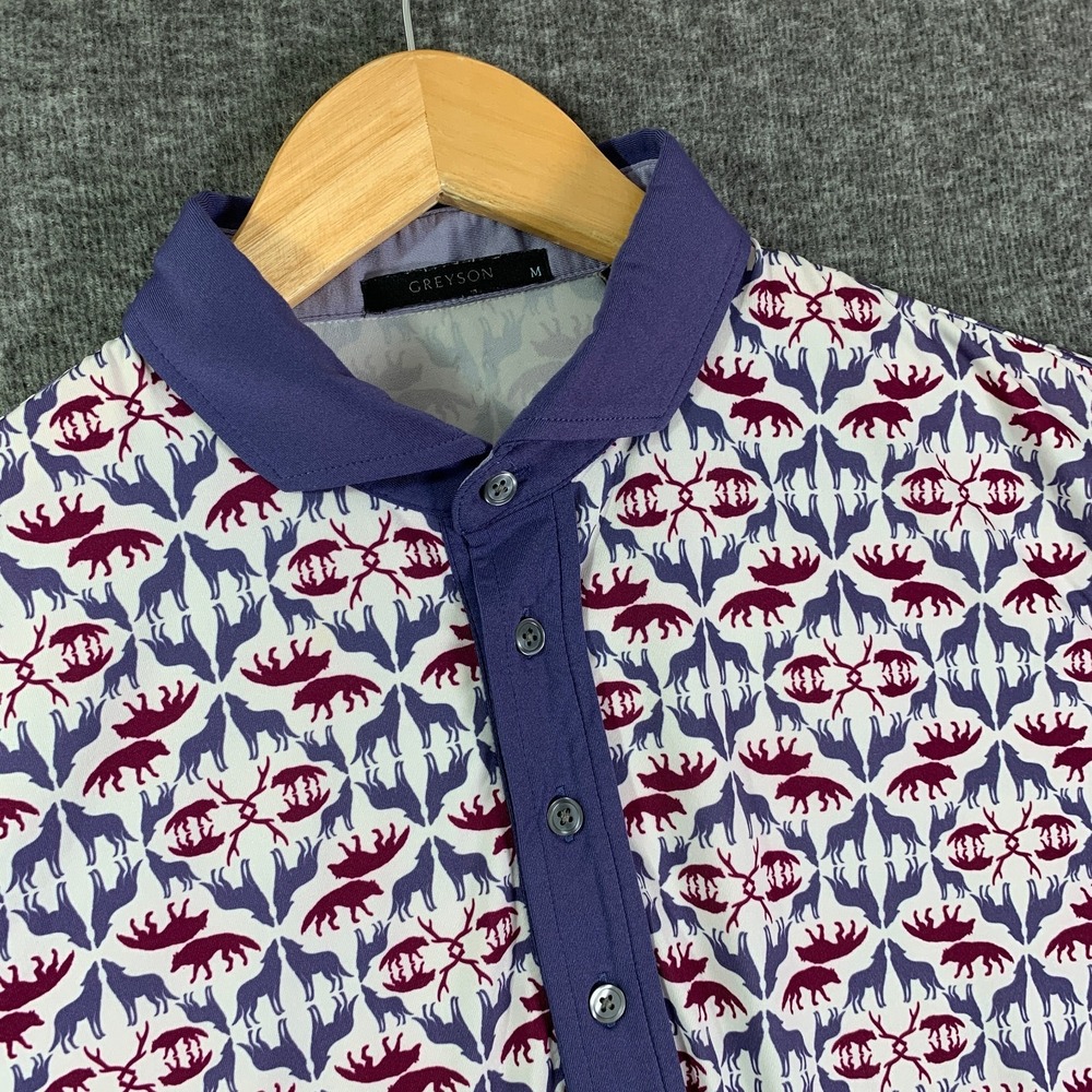 Greyson Polo Men Medium Geometric Wolf Head Print Golf Performance Stretch